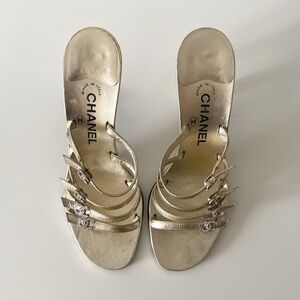 CHANEL “CC” Crystal Rhinestone Gold Leather Strappy Sandal Heels